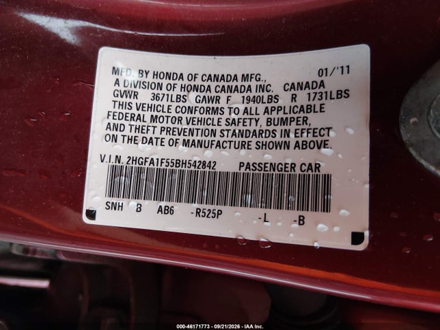 2011 Honda Civic Lx მანქანა იყიდება აუქციონზე, vin: 2HGFA1F55BH542842, აუქციონის ნომერი: 46171773