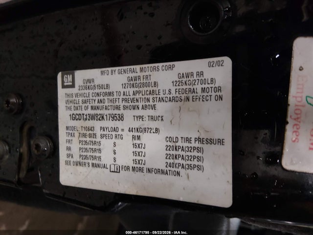 46171795 :رقم المزاد ، 1GCDT13W82K179538 vin ، 2002 Chevrolet S-10 Ls مزاد بيع