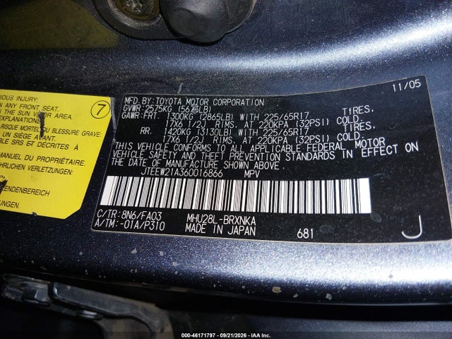 2006 Toyota Highlander Hybrid V6 მანქანა იყიდება აუქციონზე, vin: JTEEW21A360016866, აუქციონის ნომერი: 46171797