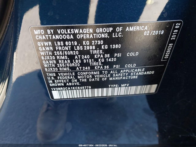 Aukcja sprzedaży 2019 Volkswagen Atlas 3.6l V6 Sel Premium, vin: 1V2NR2CA1KC545779, numer aukcji: 46171804