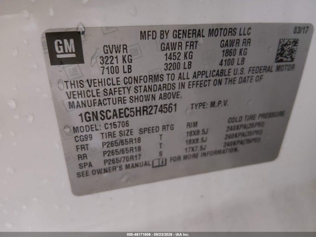 2017 Chevrolet Tahoe Ls მანქანა იყიდება აუქციონზე, vin: 1GNSCAEC5HR274561, აუქციონის ნომერი: 46171806