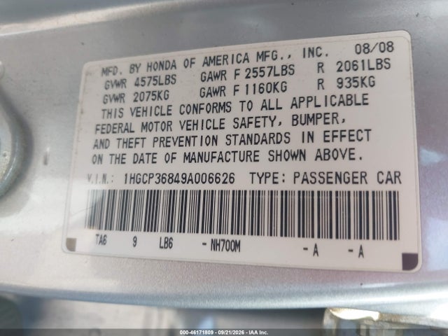 46171809 :رقم المزاد ، 1HGCP36849A006626 vin ، 2009 Honda Accord 3.5 Ex-l مزاد بيع