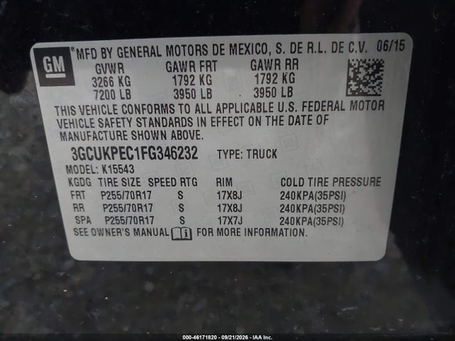 Продажа на аукционе авто 2015 Chevrolet Silverado 1500 Wt, vin: 3GCUKPEC1FG346232, номер лота: 46171820