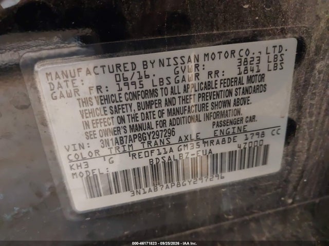 Продажа на аукционе авто 2016 Nissan Sentra S, vin: 3N1AB7AP8GY297296, номер лота: 46171823