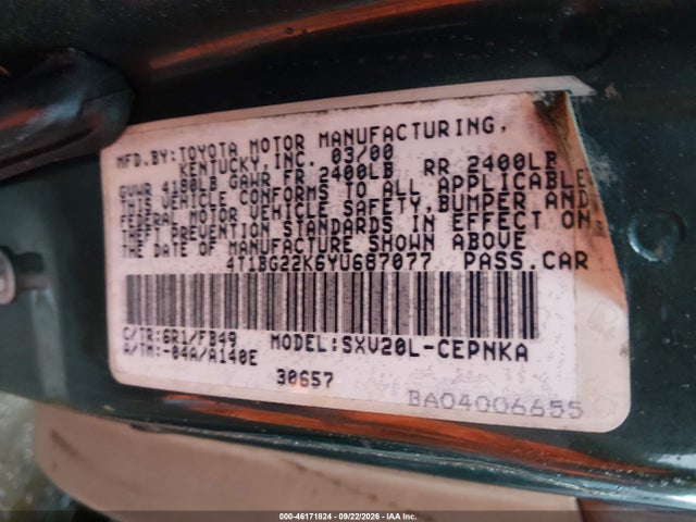 46171824 :رقم المزاد ، 4T1BG22K6YU687077 vin ، 2000 Toyota Camry Le مزاد بيع