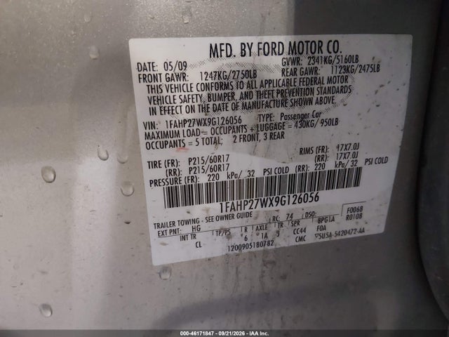 Продаж на аукціоні авто 2009 Ford Taurus Sel, vin: 1FAHP27WX9G126056, номер лоту: 46171847