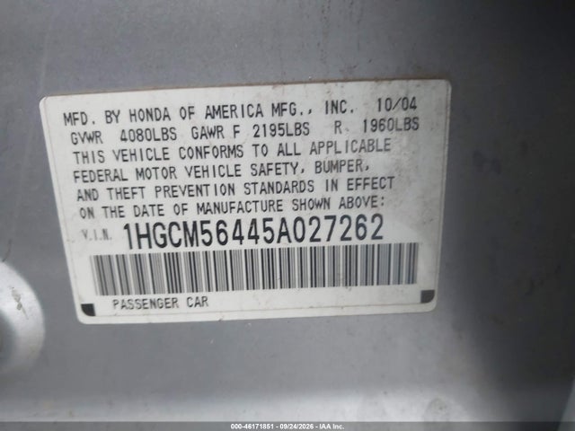 Продаж на аукціоні авто 2005 Honda Accord 2.4 Lx, vin: 1HGCM56445A027262, номер лоту: 46171851