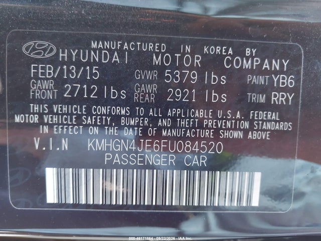 46171864 :رقم المزاد ، KMHGN4JE6FU084520 vin ، 2015 Hyundai Genesis 3.8 مزاد بيع
