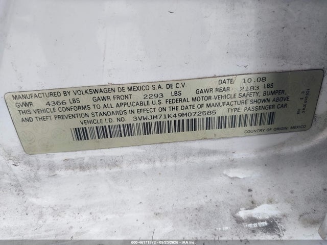 Продажа на аукционе авто 2009 Volkswagen Jetta S, vin: 3VWJM71K49M072585, номер лота: 46171872