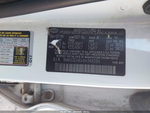 Продаж на аукціоні авто 2010 Hyundai Santa Fe Gls, vin: 5NMSGDABXAH349289, номер лоту: 46171881