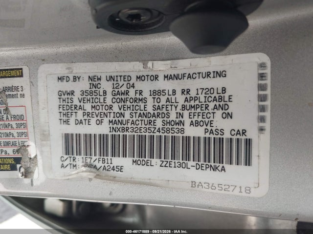 2005 Toyota Corolla Le მანქანა იყიდება აუქციონზე, vin: 1NXBR32E35Z458538, აუქციონის ნომერი: 46171889