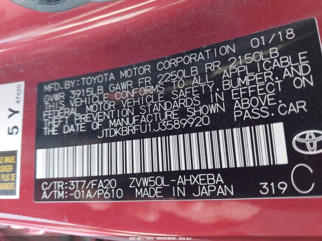 Продаж на аукціоні авто 2018 Toyota Prius Two, vin: JTDKBRFU1J3589920, номер лоту: 46171892