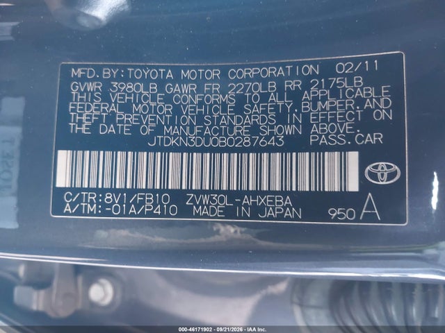 Auction sale of the 2011 Toyota Prius Two, vin: JTDKN3DU0B0287643, lot number: 46171902