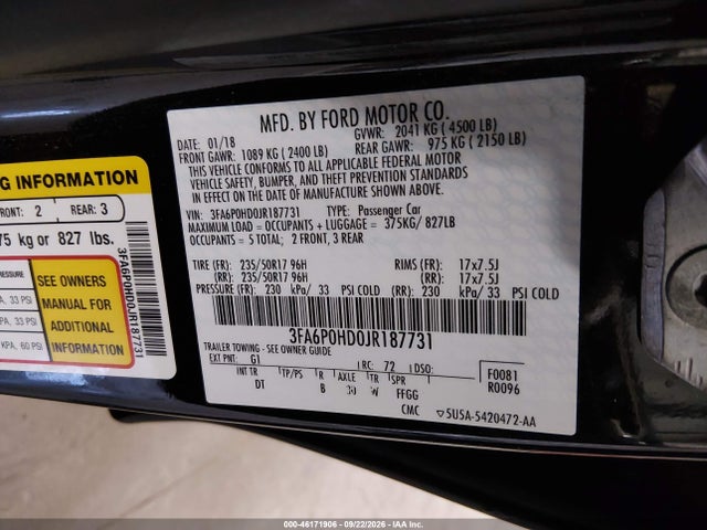 Ford FUSION SE 2018 3FA6P0HD0JR187731 Image 9