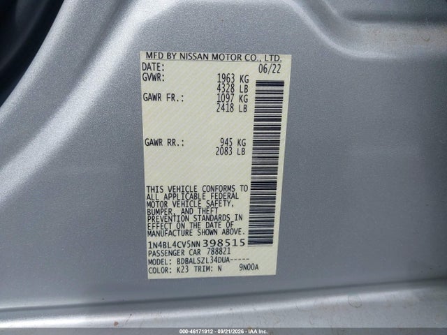 1N4BL4CV5NN398515 Nissan Altima Sr Fwd