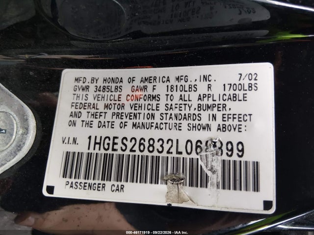 Aukcja sprzedaży 2002 Honda Civic Ex, vin: 1HGES26832L068899, numer aukcji: 46171919