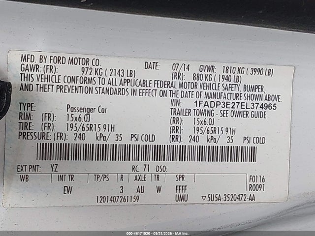Aukcja sprzedaży 2014 Ford Focus S, vin: 1FADP3E27EL374965, numer aukcji: 46171920