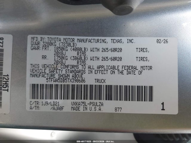 Aukcja sprzedaży 2026 Toyota Tundra Limited Crewmax 5.5' Bed, vin: 5TFWA5DB5TX390606, numer aukcji: 46171925