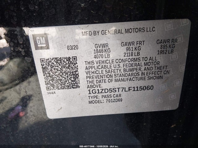 Продаж на аукціоні авто 2020 Chevrolet Malibu Fwd Lt, vin: 1G1ZD5ST7LF115060, номер лоту: 46171946