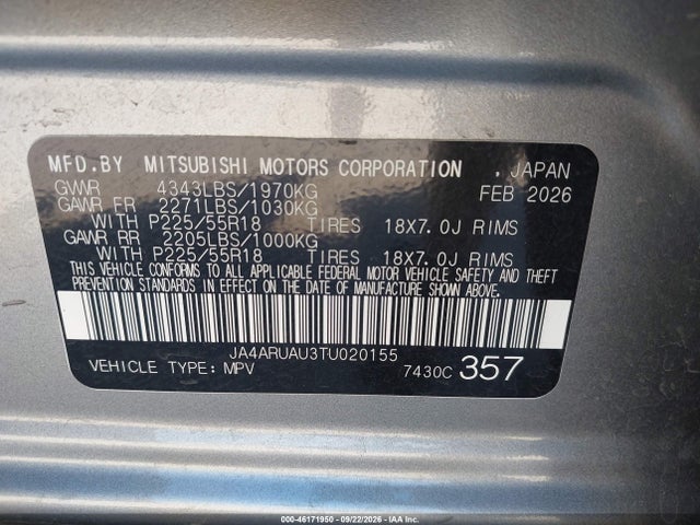 2026 Mitsubishi Outlander Sport 2.0 Es/2.0 Le/2.0 Ralliart/2.0 S/2.0 Se/2.0 Trail Edition მანქანა იყიდება აუქციონზე, vin: JA4ARUAU3TU020155, აუქციონის ნომერი: 46171950