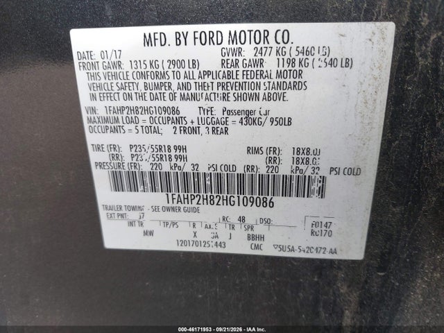 2017 Ford Taurus Sel მანქანა იყიდება აუქციონზე, vin: 1FAHP2H82HG109086, აუქციონის ნომერი: 46171953