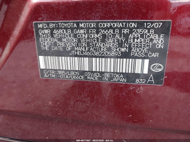 Продаж на аукціоні авто 2008 Lexus Es 350, vin: JTHBJ46G382205893, номер лоту: 46171957