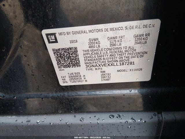 46171964 :رقم المزاد ، 3GNAXVEXXLL187281 vin ، 2020 Chevrolet Equinox Awd Lt 2.0l Turbo مزاد بيع
