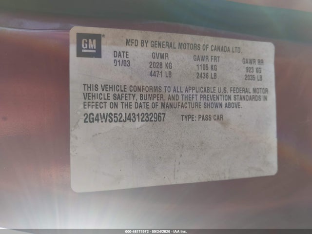 Продаж на аукціоні авто 2003 Buick Century Custom, vin: 2G4WS52J431232967, номер лоту: 46171972