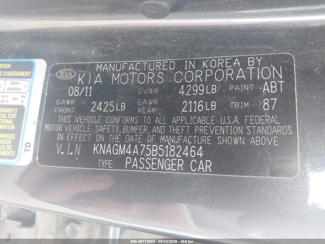 46172003 :رقم المزاد ، KNAGM4A75B5182464 vin ، 2011 Kia Optima Lx مزاد بيع