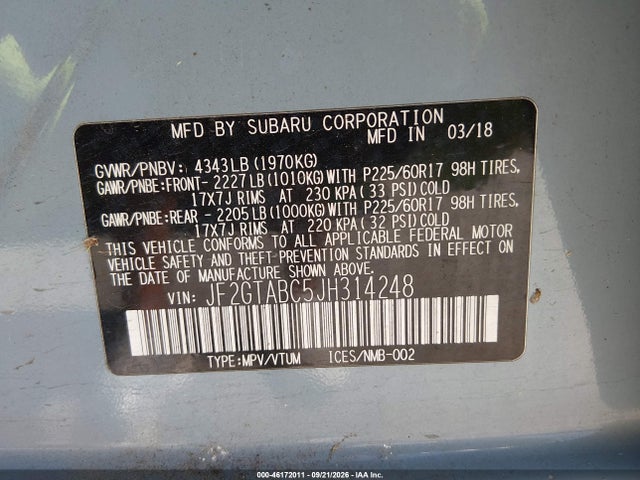 46172011 :رقم المزاد ، JF2GTABC5JH314248 vin ، 2018 Subaru Crosstrek 2.0i Premium مزاد بيع