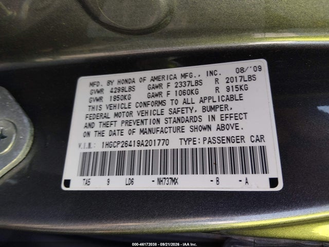 Продаж на аукціоні авто 2009 Honda Accord 2.4 Lx-p, vin: 1HGCP26419A201770, номер лоту: 46172038
