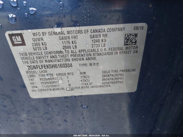 Продаж на аукціоні авто 2017 Chevrolet Equinox Lt, vin: 2GNFLFEK5H6160304, номер лоту: 46172048