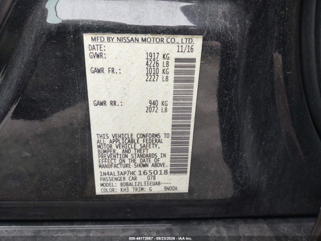 2017 Nissan Altima 2.5 Sv მანქანა იყიდება აუქციონზე, vin: 1N4AL3AP7HC165018, აუქციონის ნომერი: 46172067