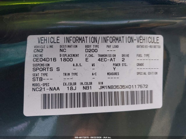 Продажа на аукционе авто 1999 Mazda Mx-5 Miata Leather Pkg/popular Equipment Pkg/sports Pkg/touring Pkg, vin: JM1NB3535X0117572, номер лота: 46172070