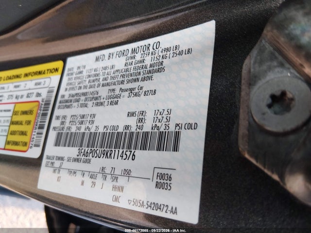 Продаж на аукціоні авто 2019 Ford Fusion Energi Titanium, vin: 3FA6P0SU9KR114576, номер лоту: 46172085
