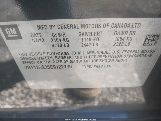 46172140 :رقم المزاد ، 2G1125S35E9122796 vin ، 2014 Chevrolet Impala 2lt مزاد بيع