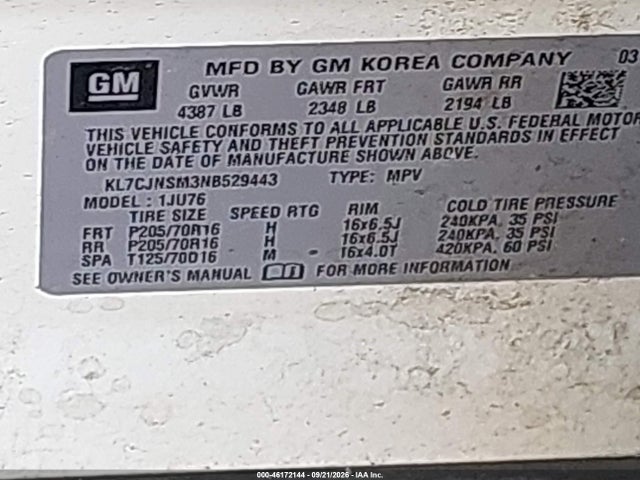 Продаж на аукціоні авто 2022 Chevrolet Trax Awd Ls, vin: KL7CJNSM3NB529443, номер лоту: 46172144