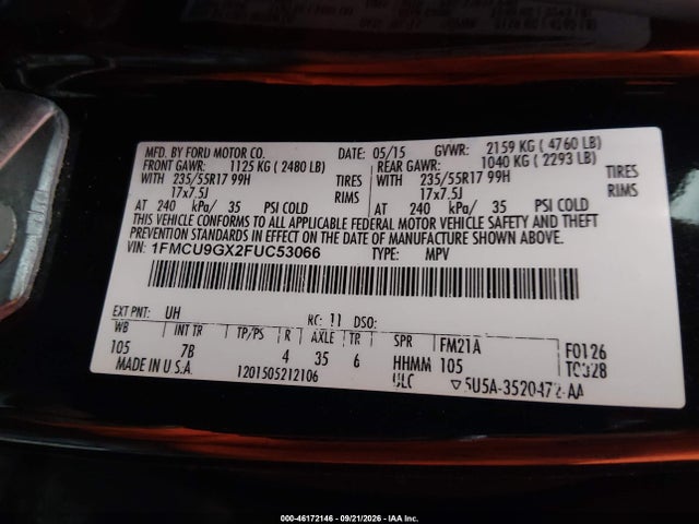 2015 Ford Escape Se მანქანა იყიდება აუქციონზე, vin: 1FMCU9GX2FUC53066, აუქციონის ნომერი: 46172146