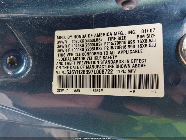 46172149 :رقم المزاد ، 5J6YH28397L008722 vin ، 2007 Honda Element Lx مزاد بيع