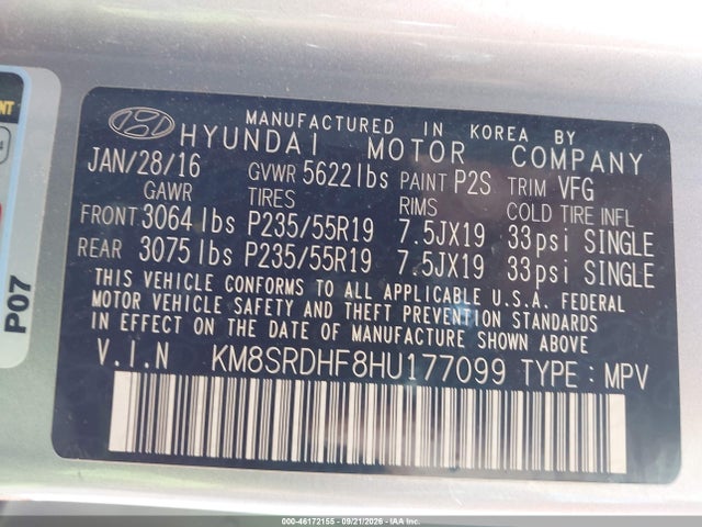 Aukcja sprzedaży 2017 Hyundai Santa Fe Limited Ultimate, vin: KM8SRDHF8HU177099, numer aukcji: 46172155