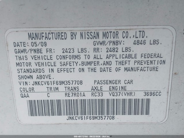 Aukcja sprzedaży 2009 Infiniti G37x, vin: JNKCV61F69M357708, numer aukcji: 46172164