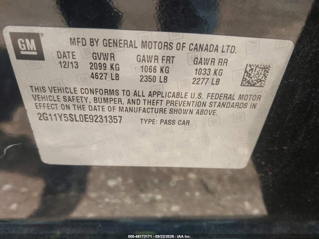 46172171 :رقم المزاد ، 2G11Y5SL0E9231357 vin ، 2014 Chevrolet Impala 1ls مزاد بيع