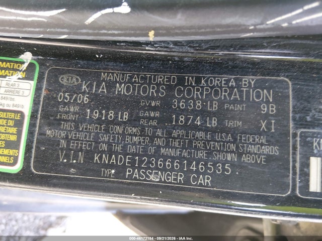 Aukcja sprzedaży 2006 Kia Rio Lx, vin: KNADE123666146535, numer aukcji: 46172184