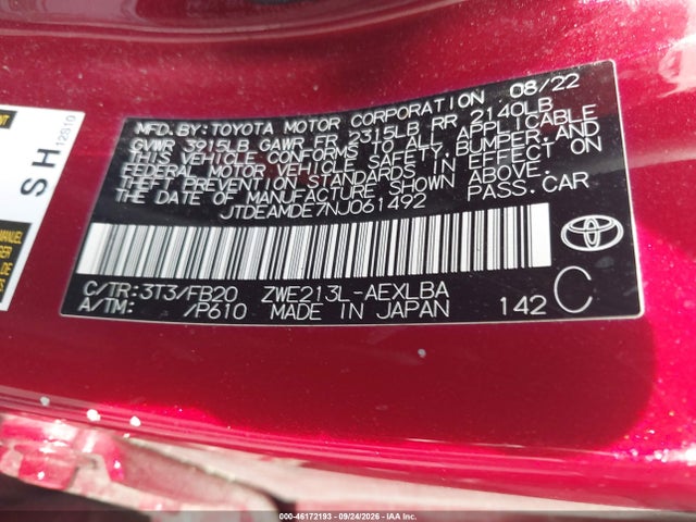 Продажа на аукционе авто 2022 Toyota Corolla Hybrid Le, vin: JTDEAMDE7NJ061492, номер лота: 46172193