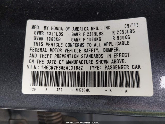 Aukcja sprzedaży 2014 Honda Accord Ex-l, vin: 1HGCR2F86EA031882, numer aukcji: 46172200