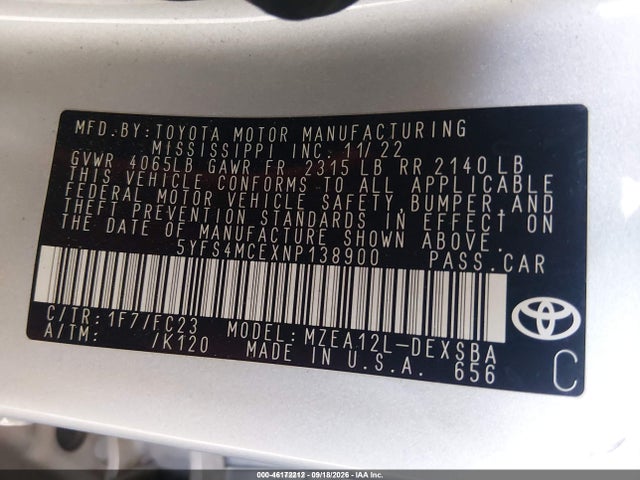 Продаж на аукціоні авто 2022 Toyota Corolla Se, vin: 5YFS4MCEXNP138900, номер лоту: 46172212