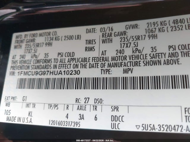 46172227 :رقم المزاد ، 1FMCU9G97HUA10230 vin ، 2017 Ford Escape Se مزاد بيع