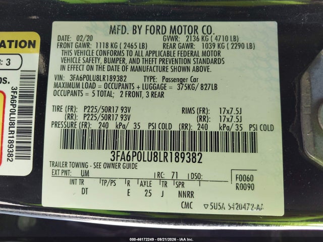 Продажа на аукционе авто 2020 Ford Fusion Hybrid Se, vin: 3FA6P0LU8LR189382, номер лота: 46172249