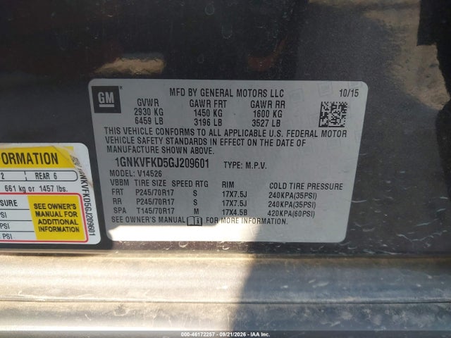 46172257 :رقم المزاد ، 1GNKVFKD5GJ209601 vin ، 2016 Chevrolet Traverse Ls مزاد بيع