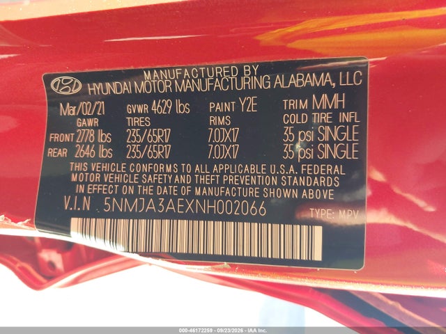 46172259 :رقم المزاد ، 5NMJA3AEXNH002066 vin ، 2022 Hyundai Tucson Se مزاد بيع